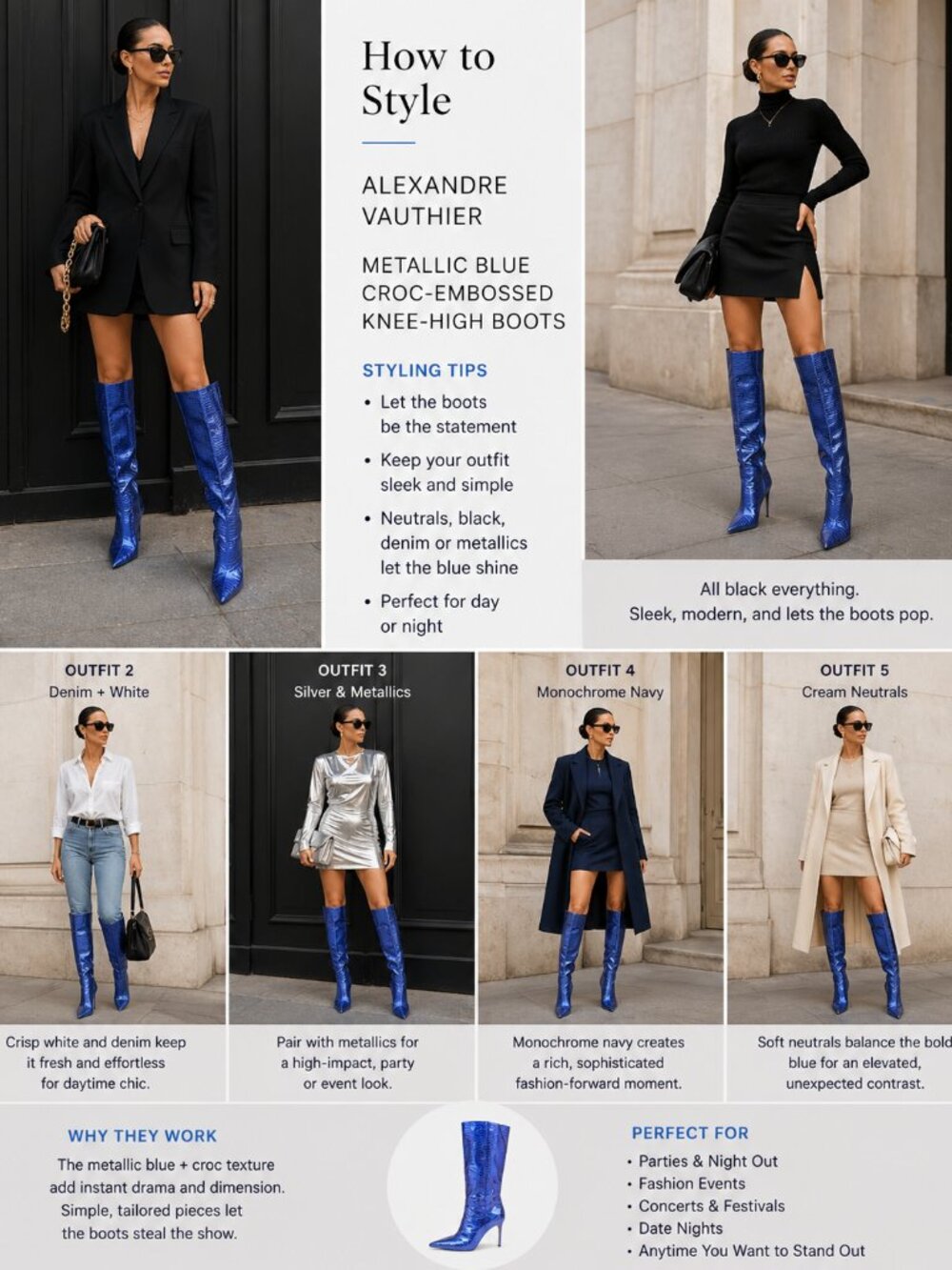 ALEXANDRE VAUTHIER | Metallic Blue Croc‑Embossed Patent Leather Knee‑High Boots - Picture 4 of 11
